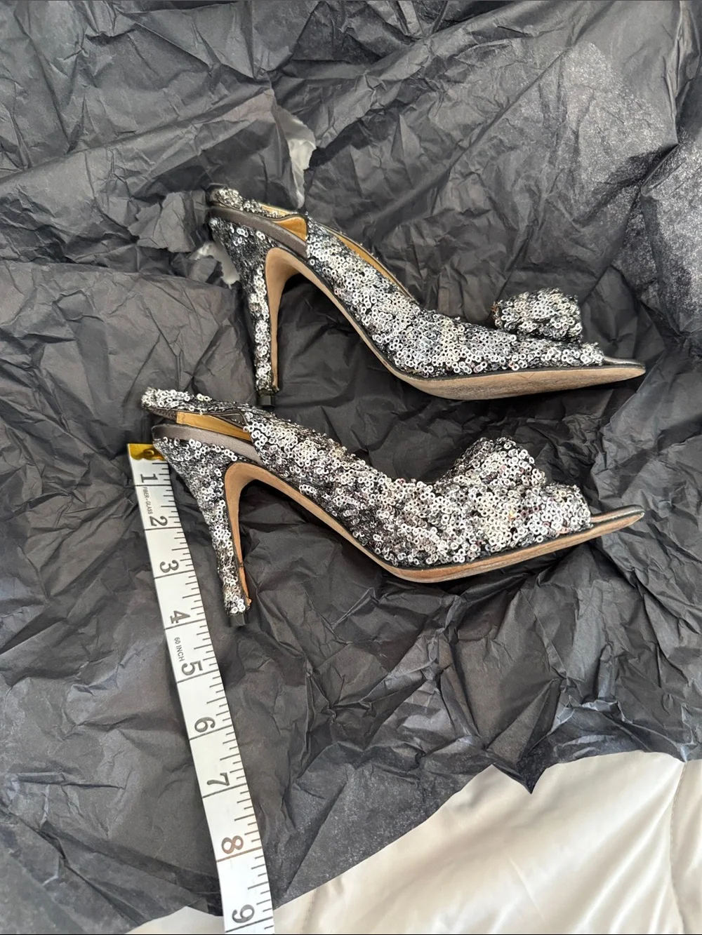 kate spade Silver Sequin Ruffle Slingback Heels